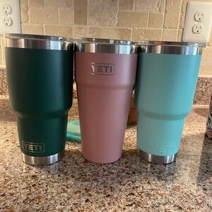 Yeti Tumbler Trio in Forest Green, Rose, and Aqua with travel Stanley 24 0z.